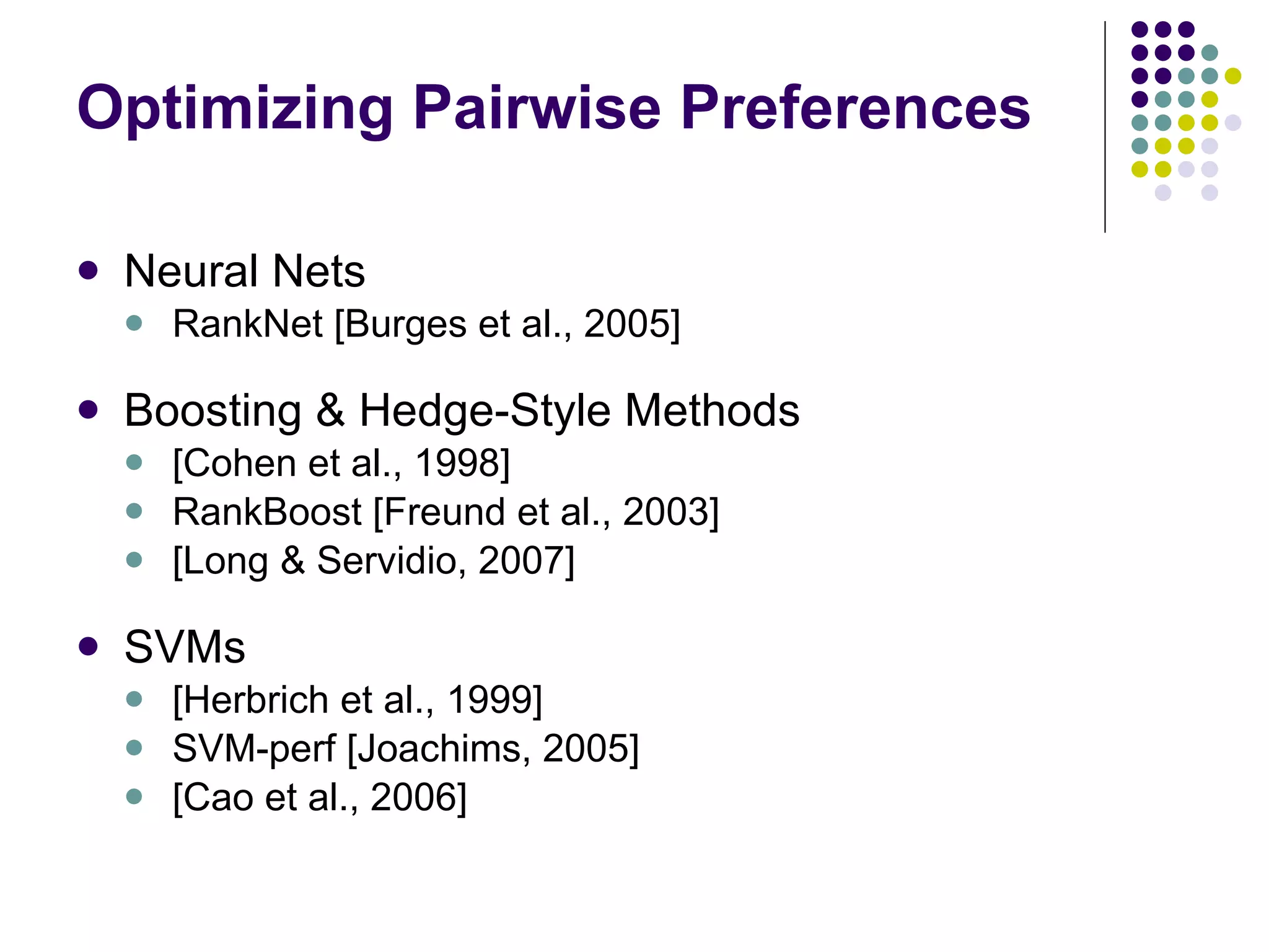 Optimizing Pairwise Preferences Neural Nets RankNet [Burges et al., 2005] Boosting & Hedge-Style Methods [Cohen et al., 1998] RankBoost [Freund et al., 2003] [Long & Servidio, 2007] SVMs [Herbrich et al., 1999] SVM-perf [Joachims, 2005] [Cao et al., 2006] 