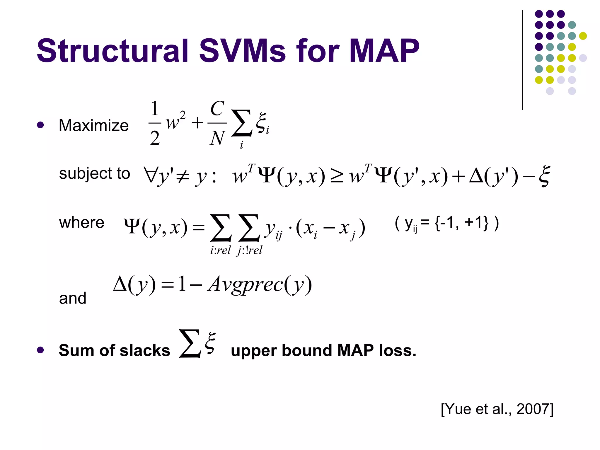 Structural SVMs for MAP Maximize subject to where  ( y ij   = {-1, +1} )  and Sum of slacks  upper bound MAP loss. [Yue et al., 2007] 