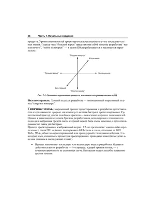36        Часть 1. Начальные сведения

продукта. Уровни возможностей проектируются и реализуются в стиле последовател ь-
ных этапов. Подход типа “большой взрыв” представляет собой попытку разработать “все
или ничего”, “пойти на прорыв” — в целом ПО разрабатывается и реализуется парал-
лельно.
                                         "Снаружи вовнутрь"
                                                              Итеративное




               "Большой взрыв"                                         Эволюционное




                          Без итераций
                                          "Изнутри наружу"

         Рис. 2.4. Основные переменные процесса, влияющие на практичность и ПИ

Полезное правило. Лучший подход к разработке — эволюционный итеративный по д-
ход “снаружи вовнутрь”.

Типичные этапы. Современный процесс проектирования и разработки представля-
ется итеративным по природе, он использует методы быстрого прототипирования. Су-
щественный фактор успеха подобных проектов — вовлечение в процесс пользователей.
Однако в зависимости от опыта бригады разработчиков, используемого технического
подхода и выбранных средств число итераций может быть очень невелико, а прототипи-
рование не таким уж быстрым.
Процесс проектирования, изображенный на рис. 2.5, не предполагает какого-либо опре-
деленного стиля ПИ: он может поддерживать GUI-стили и стили, отличные от GUI,
Web-, PDA-, объектно-ориентированный или процедурный стили взаимодействия. Н е-
которые идеи, связанные с процессом проектирования, приводятся ниже (более детал ь-
но они описаны в последующих главах).

     • Процесс напоминает каскадную или водопадную модель разработки. Однако в
       действительности разработка — это процесс, идущий против потока, — с
       течением времени он не становится легче. Каскадная модель подобна плаванию
       против течения.
 