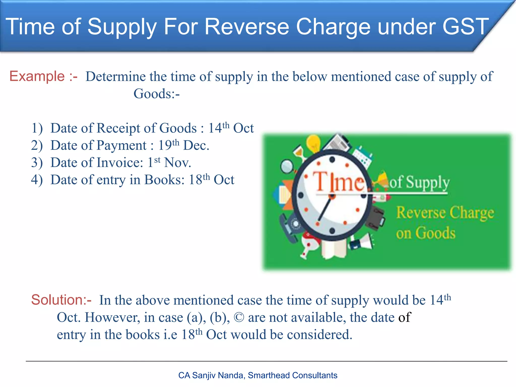 Time of Supply For Reverse Charge under GST
CA Sanjiv Nanda, Smarthead Consultants
Example :- Determine the time of supply in the below mentioned case of supply of
Goods:-
1) Date of Receipt of Goods : 14th Oct
2) Date of Payment : 19th Dec.
3) Date of Invoice: 1st Nov.
4) Date of entry in Books: 18th Oct
Solution:- In the above mentioned case the time of supply would be 14th
Oct. However, in case (a), (b), © are not available, the date of
entry in the books i.e 18th Oct would be considered.
 