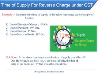Time of Supply For Reverse Charge under GST
CA Sanjiv Nanda, Smarthead Consultants
Example :- Determine the time of supply in the below mentioned case of supply of
Goods:-
1) Date of Receipt of Goods : 14th Oct
2) Date of Payment : 19th Dec.
3) Date of Invoice: 1st Nov.
4) Date of entry in Books: 18th Oct
Solution:- In the above mentioned case the time of supply would be 14th
Oct. However, in case (a), (b), © are not available, the date of
entry in the books i.e 18th Oct would be considered.
 