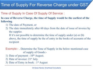 Time of Supply For Reverse Charge under GST
Time of Supply In Case Of Supply Of Service :
In case of Reverse Charge, the time of Supply would be the earliest of the
following
1) The date of Payment, or
2) The date immediately after 60 days from the date of issue of invoice by
the suppler.
If it’s not possible to determine the time of supply under (a) or (b)
above, the time of supply be the of entry in the books of accounts of the
recipient
Example:- . Determine the Time of Supply in the below mentioned case
of supply of Goods:-
1) Date of payment : 10th August.
2) Date of invoice: 21st July.
3) Date of Entry in book : 1st August
CA Sanjiv Nanda, Smarthead Consultants
 