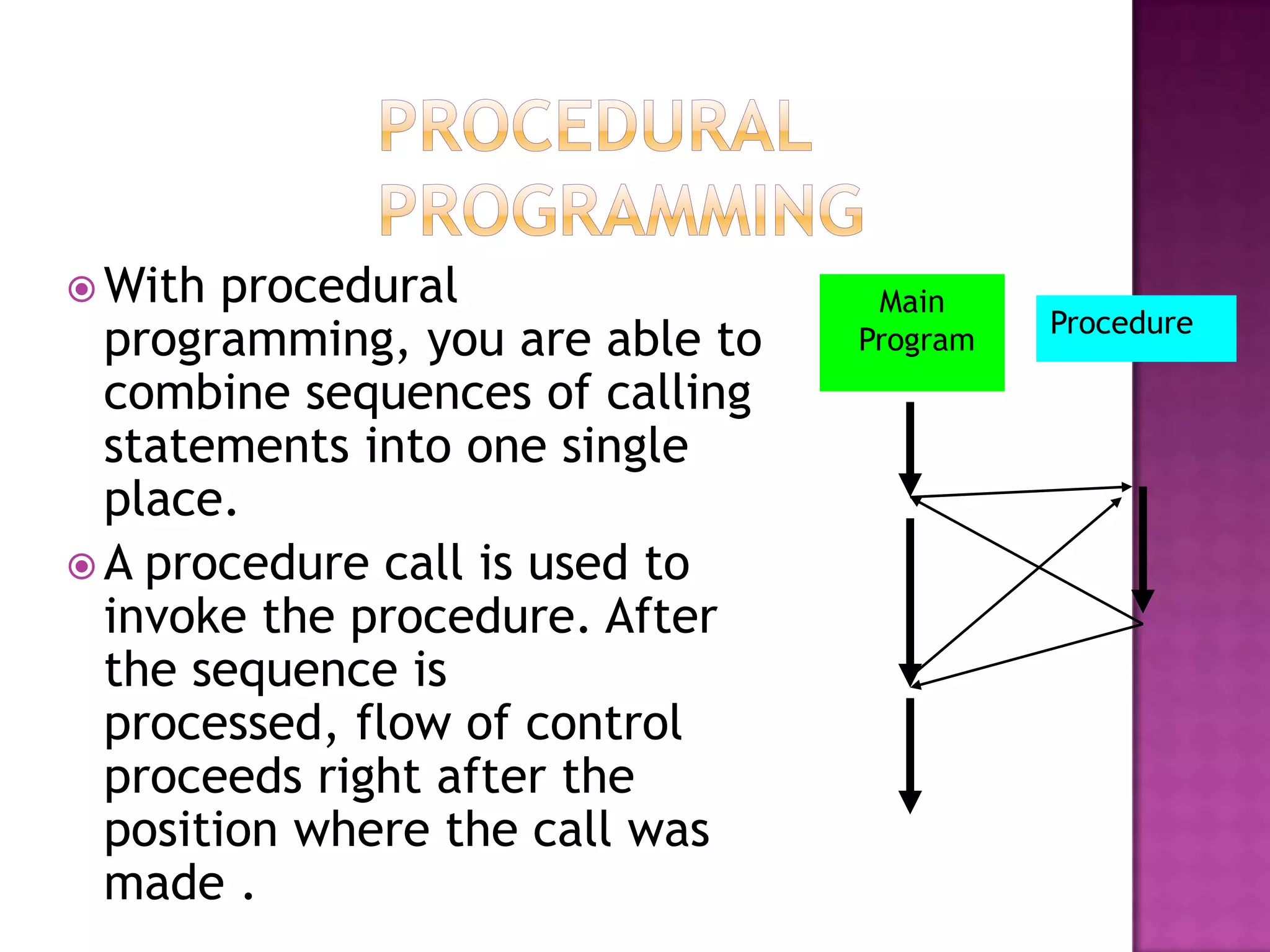 With  procedural programming,     Main
                                             Procedure
  you are able to combine          Program
  sequences of calling
  statements into one single
  place.
 A procedure call is used to
  invoke the procedure. After
  the sequence is processed,
  flow of control proceeds right
  after the position where the
  call was made .
 