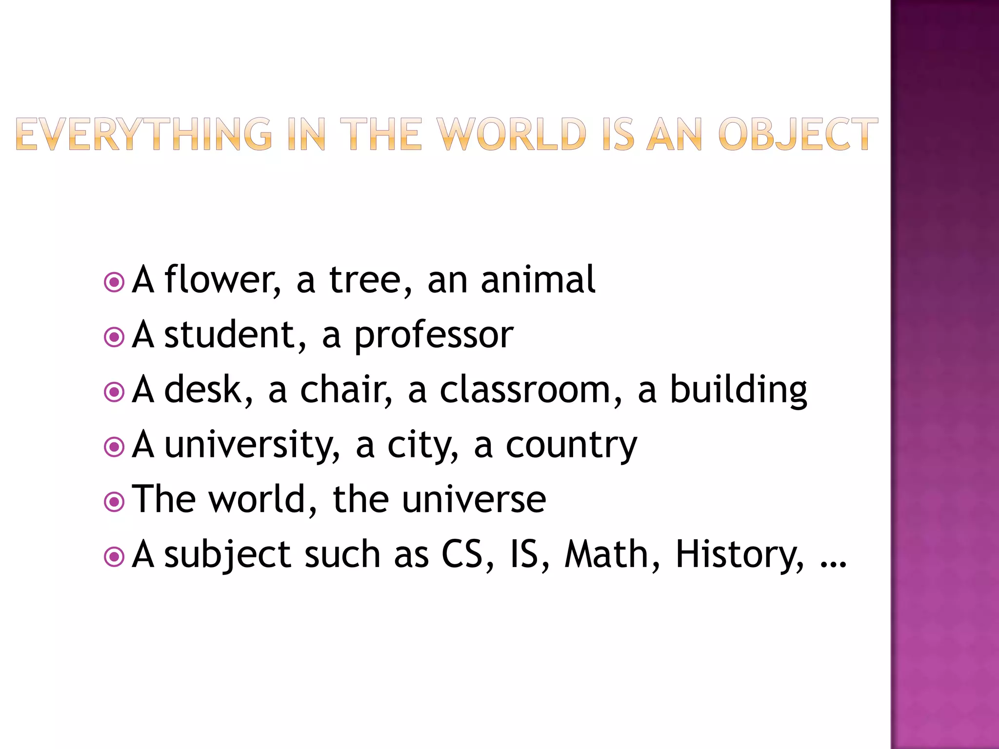 A  flower, a tree, an animal
 A student, a professor
 A desk, a chair, a classroom, a building
 A university, a city, a country
 The world, the universe
 A subject such as CS, IS, Math, History, …
 