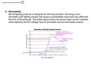 9. Dimmability
Not all lighting prodcuts is designed for dimming function. Dimming a non-
dimmable LED lighting product will cause un-predictable result and may affect the
life time of the products. The below figure shows the typical input current variation
while adjusting the DC voltage input to dimmable and non-dimmable product.
 