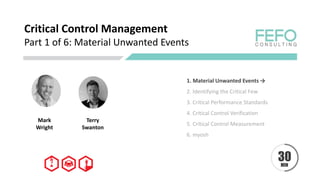 Critical Control Management
Part 1 of 6: Material Unwanted Events
Mark
Wright
1. Material Unwanted Events →
2. Identifying the Critical Few
3. Critical Performance Standards
4. Critical Control Verification
5. Critical Control Measurement
6. myosh
Terry
Swanton
 