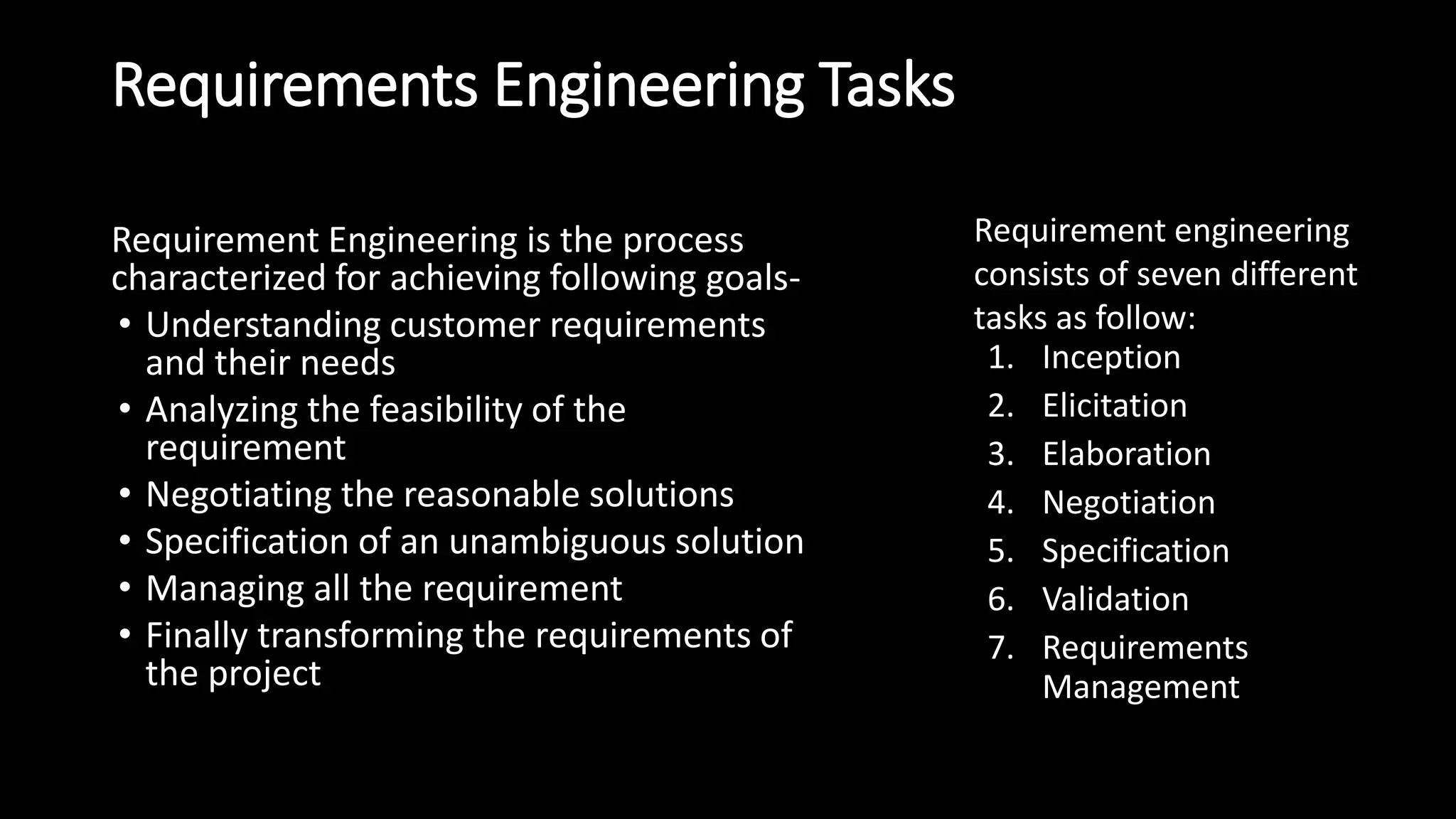 Requirement Engineering is the process
characterized for achieving following goals-
• Understanding customer requirements
and their needs
• Analyzing the feasibility of the
requirement
• Negotiating the reasonable solutions
• Specification of an unambiguous solution
• Managing all the requirement
• Finally transforming the requirements of
the project
Requirement engineering
consists of seven different
tasks as follow:
1. Inception
2. Elicitation
3. Elaboration
4. Negotiation
5. Specification
6. Validation
7. Requirements
Management
Requirements Engineering Tasks
 