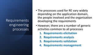 Requirements
engineering
processes
• The processes used for RE vary widely
depending on the application domain,
the people involved and the organisation
developing the requirements
• However, there are a number of generic
activities common to all processes
1. Requirements elicitation
2. Requirements analysis
3. Requirements validation
4. Requirements management
 