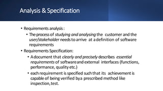 Analysis &Specification
• Requirements analysis:
• Theprocessof studying and analysingthe customer and the
user/stakeholder needstoarrive at adefinition of software
requirements
• RequirementsSpecification:
• Adocument that clearly and precisely describes essential
requirements of softwareand external interfaces (functions,
performance, qualityetc.)
• eachrequirement isspecified suchthat its achievement is
capableof being verified bya prescribed method like
inspection,test.
 