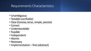 Requirements Characteristics
• Unambiguous
• Testable (verifiable)
• Clear(Concise,terse, simple, precise)
• Correct
• Understandable
• Feasible
• Independent
• Atomic
• Necessary
• Implementation –free(abstract)
 