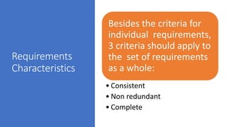Requirements
Characteristics
Besides the criteria for
individual requirements,
3 criteria should apply to
the set of requirements
as a whole:
• Consistent
• Non redundant
• Complete
 