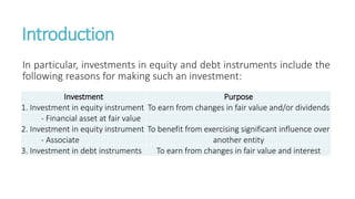 Introduction
In particular, investments in equity and debt instruments include the
following reasons for making such an investment:
Investment Purpose
1. Investment in equity instrument To earn from changes in fair value and/or dividends
- Financial asset at fair value
2. Investment in equity instrument To benefit from exercising significant influence over
- Associate another entity
3. Investment in debt instruments To earn from changes in fair value and interest
 