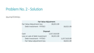 ProblemNo. 2 - Solution
Journal Entries:
Fair Value Adjustment:
Fair Value Adjustment loss 18,021.00
Debt Investment - FVTOCI 18,021.00
Disposal:
Cash 1,017,610.00
Loss on sale of debt investment 18,021.00
Debt Investment - FVTOCI 1,017,610.00
Fair Value adjustment loss 18,021.00
 