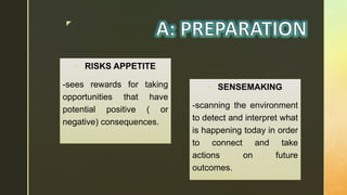 z
 RISKS APPETITE
-sees rewards for taking
opportunities that have
potential positive ( or
negative) consequences.
 SENSEMAKING
-scanning the environment
to detect and interpret what
is happening today in order
to connect and take
actions on future
outcomes.
 