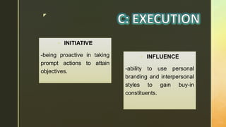 z
 INITIATIVE
-being proactive in taking
prompt actions to attain
objectives.
 INFLUENCE
-ability to use personal
branding and interpersonal
styles to gain buy-in
constituents.
 