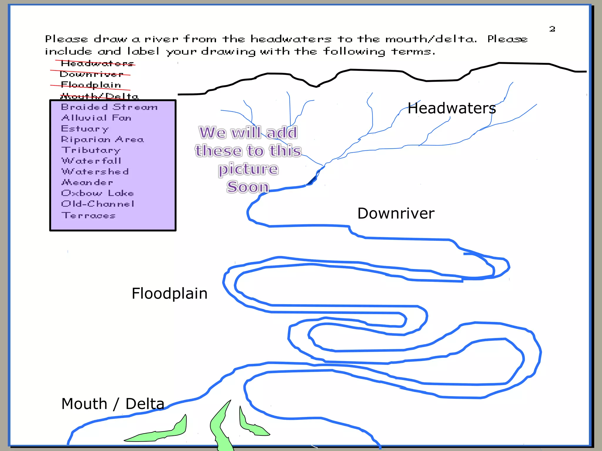Headwaters
Downriver
Floodplain
Mouth / Delta
 