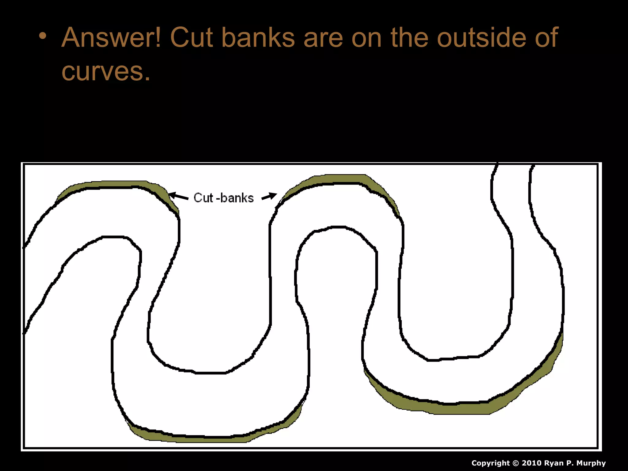 • Answer! Cut banks are on the outside of
curves.
Cut-
bank
Copyright © 2010 Ryan P. Murphy
 