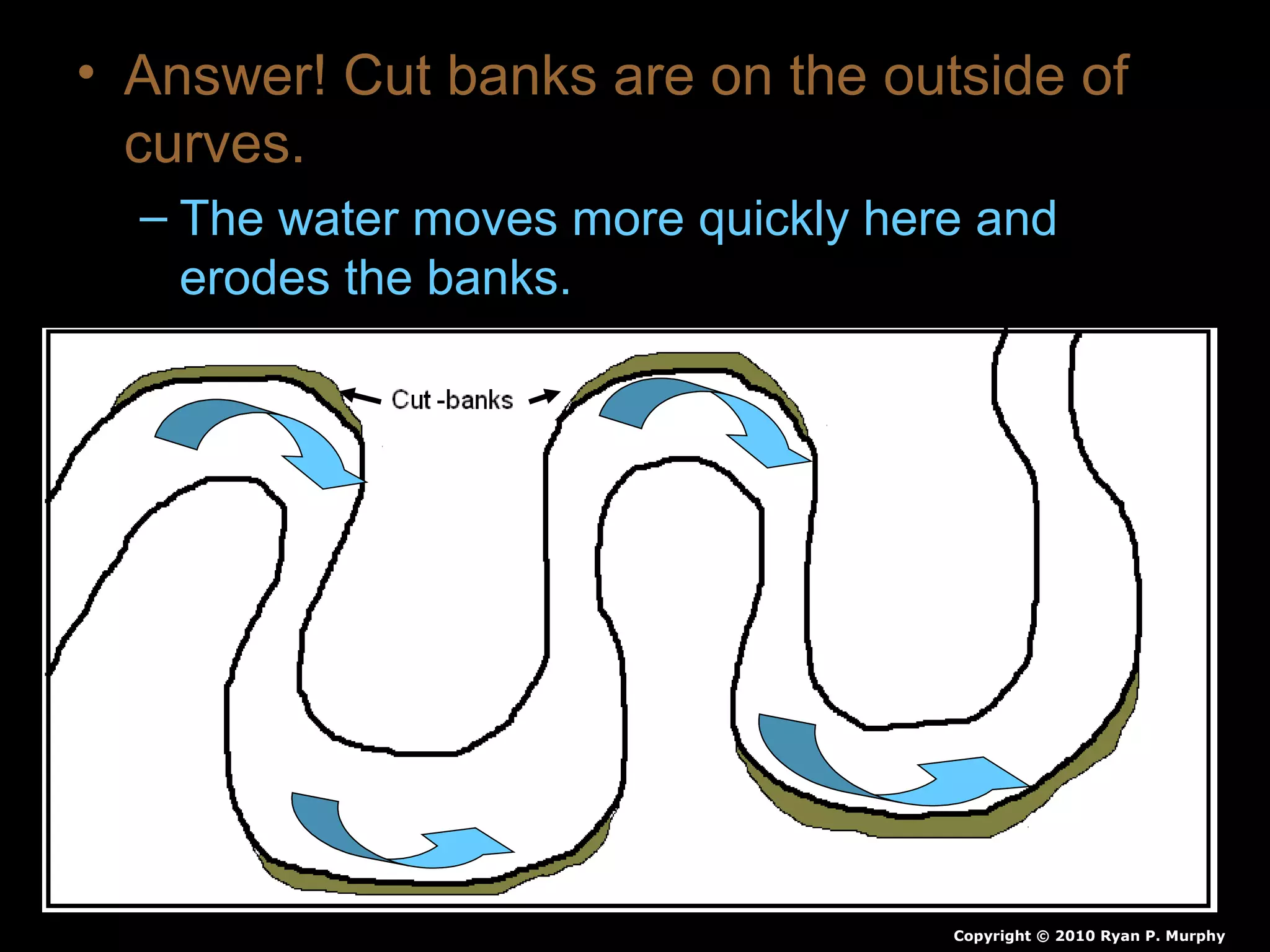 • Answer! Cut banks are on the outside of
curves.
– The water moves more quickly here and
erodes the banks.
Cut-
bank
Copyright © 2010 Ryan P. Murphy
 