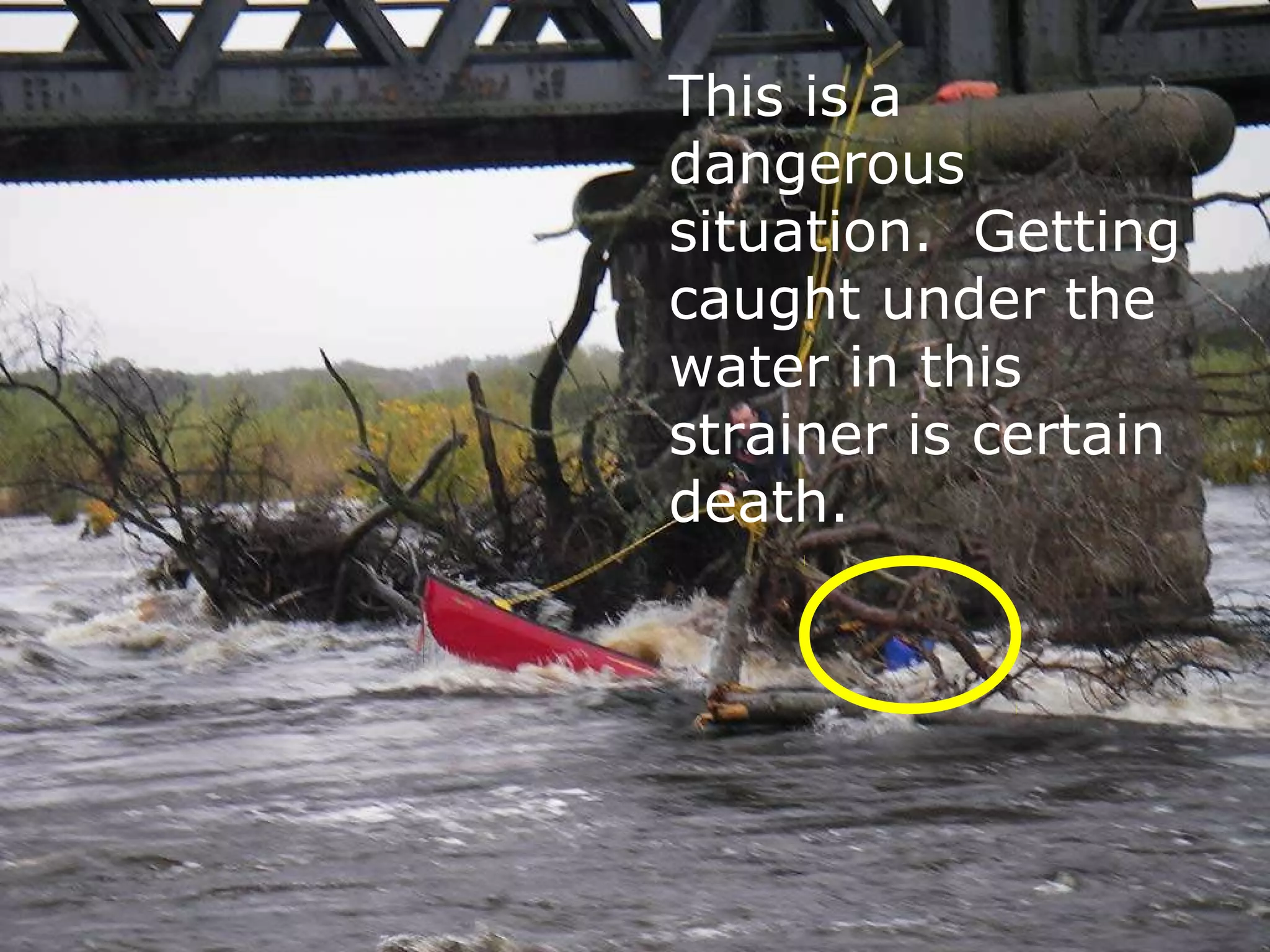 This is a
dangerous
situation. Getting
caught under the
water in this
strainer is certain
death.
 