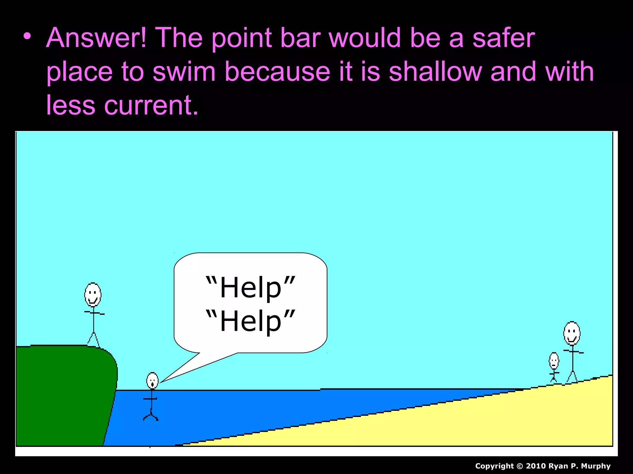• Answer! The point bar would be a safer
place to swim because it is shallow and with
less current.
“Help”
“Help”
Copyright © 2010 Ryan P. Murphy
 