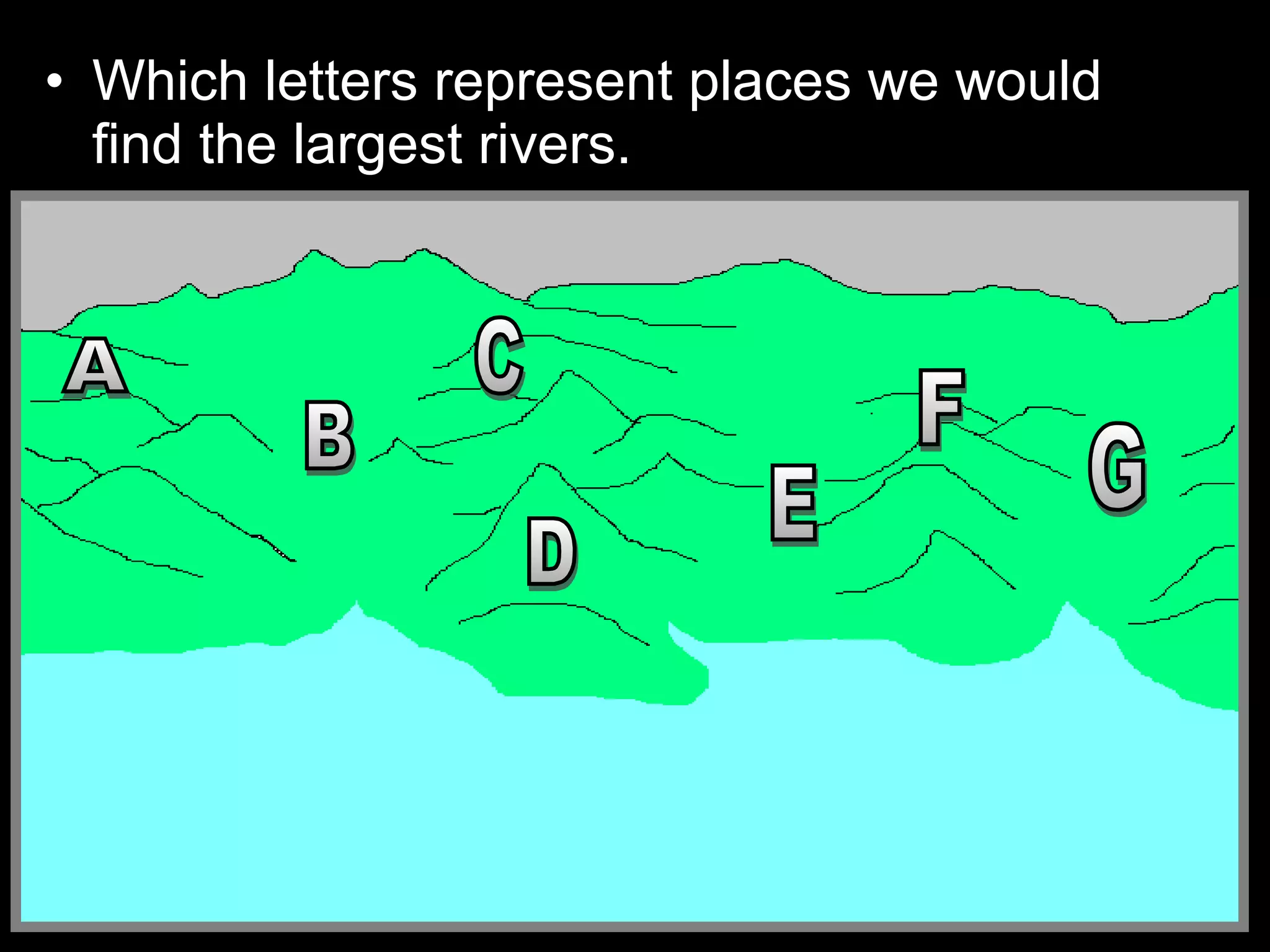 • Which letters represent places we would
find the largest rivers.
 