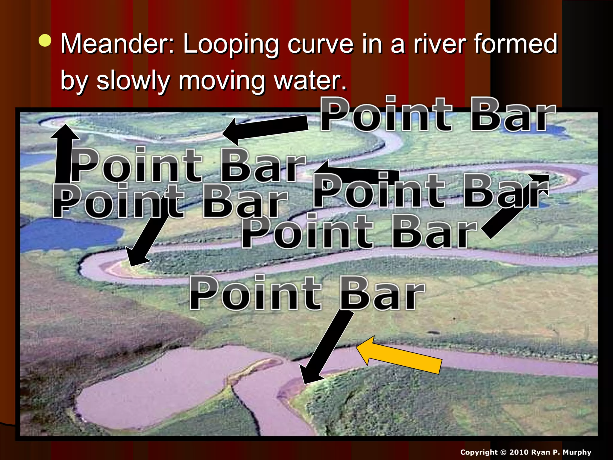 Meander: Looping curve in a river formedMeander: Looping curve in a river formed
by slowly moving water.by slowly moving water.
Copyright © 2010 Ryan P. Murphy
 