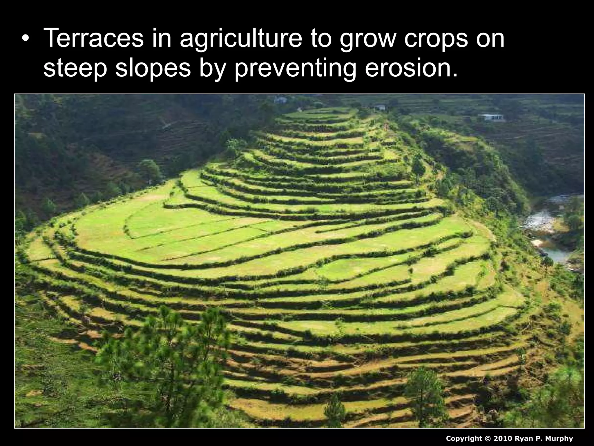 • Terraces in agriculture to grow crops on
steep slopes by preventing erosion.
Copyright © 2010 Ryan P. Murphy
 