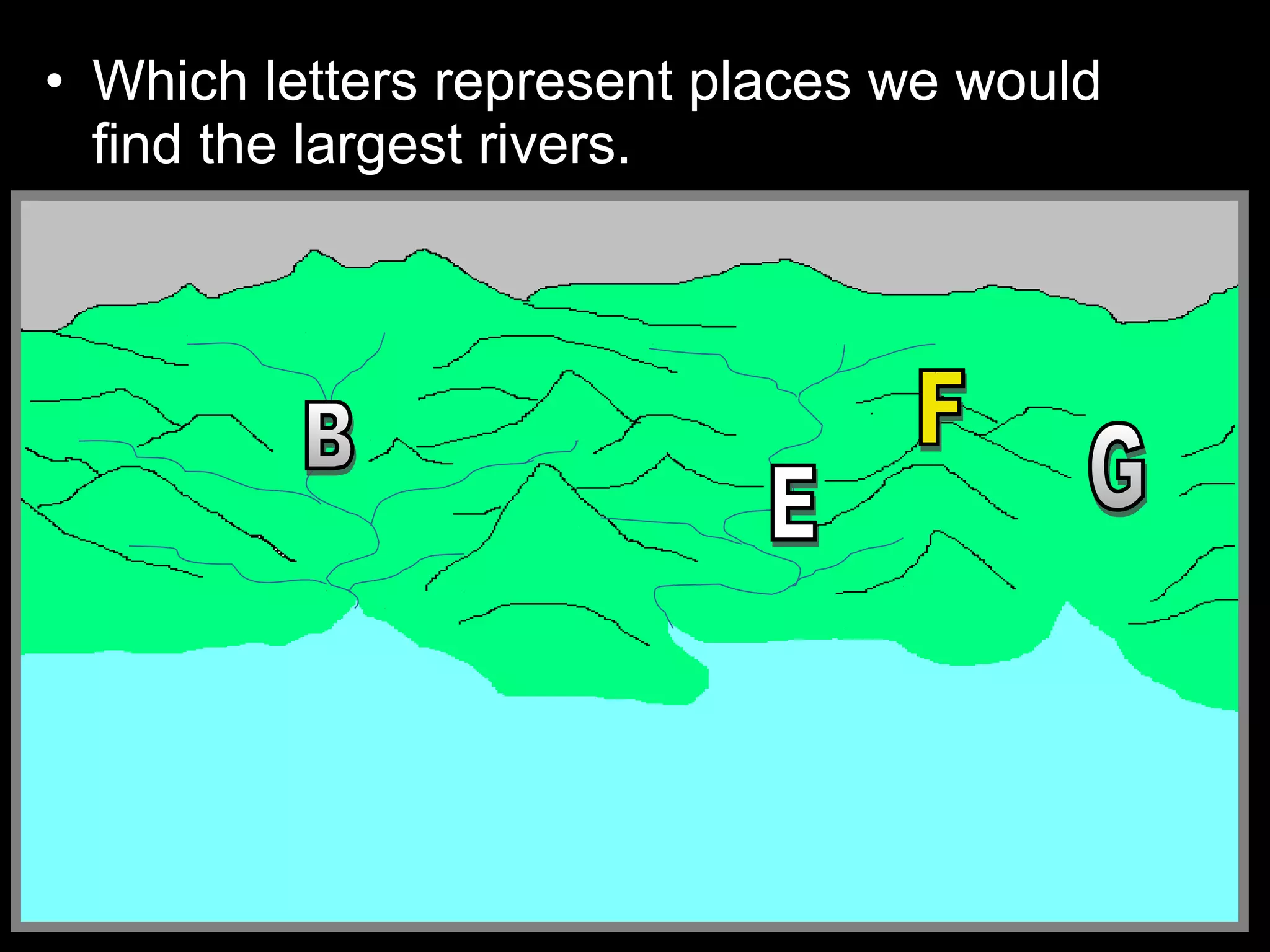 • Which letters represent places we would
find the largest rivers.
 