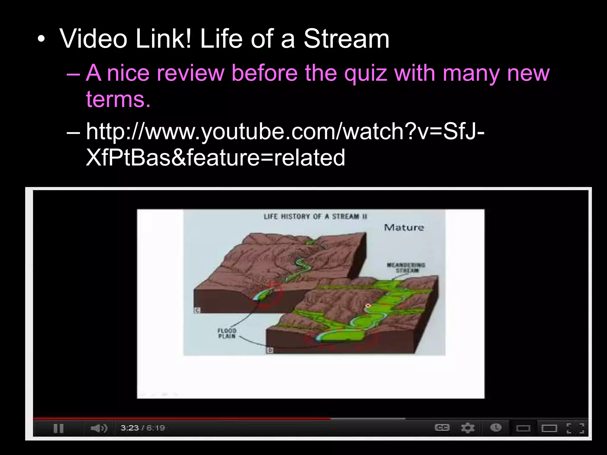 • Video Link! Life of a Stream
– A nice review before the quiz with many new
terms.
– http://www.youtube.com/watch?v=SfJ-
XfPtBas&feature=related
 