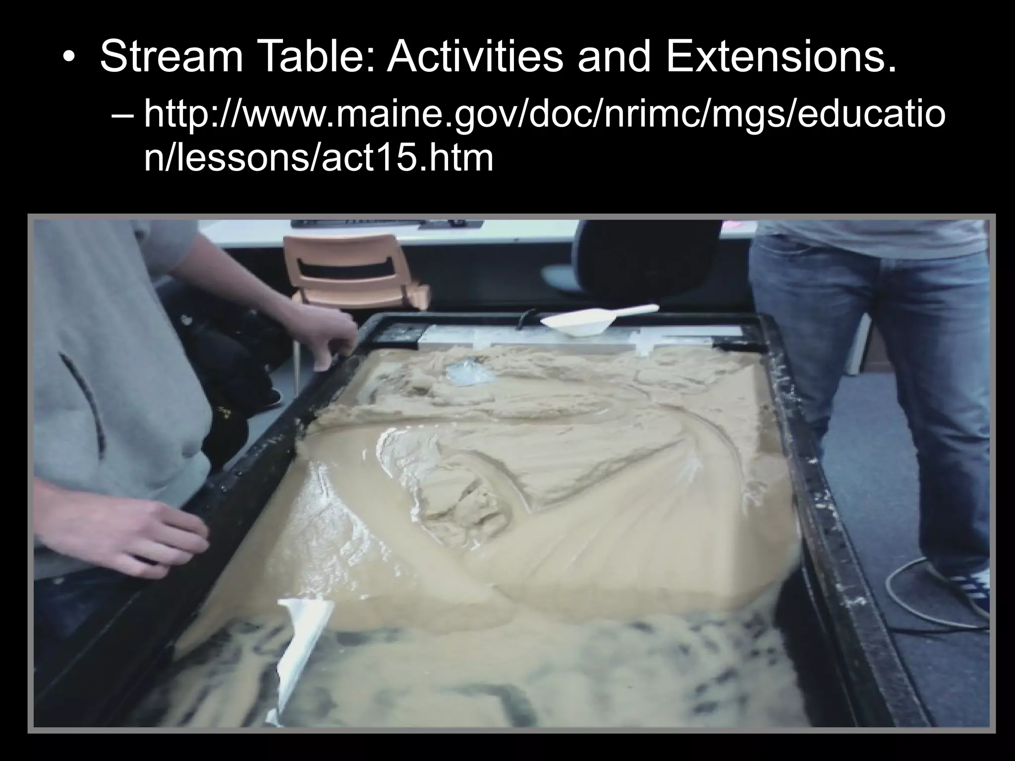 • Stream Table: Activities and Extensions.
– http://www.maine.gov/doc/nrimc/mgs/educatio
n/lessons/act15.htm
 