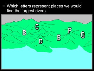 • Which letters represent places we would
find the largest rivers.
 