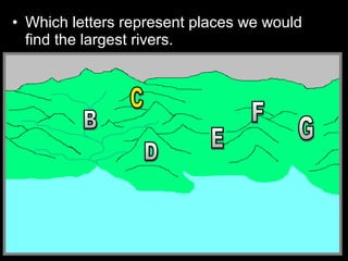 • Which letters represent places we would
find the largest rivers.
 