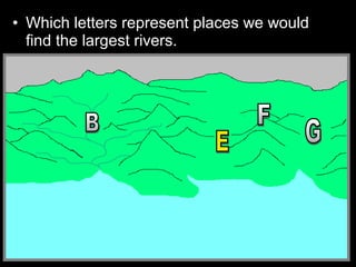• Which letters represent places we would
find the largest rivers.
 