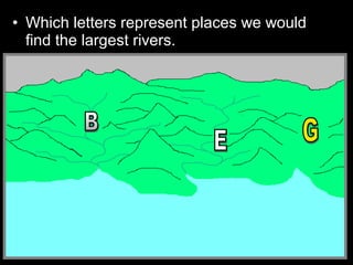 • Which letters represent places we would
find the largest rivers.
 