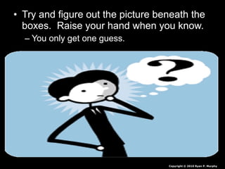 • Try and figure out the picture beneath the
boxes. Raise your hand when you know.
– You only get one guess.
Copyright © 2010 Ryan P. Murphy
 