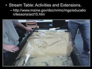 • Stream Table: Activities and Extensions.
– http://www.maine.gov/doc/nrimc/mgs/educatio
n/lessons/act15.htm
 