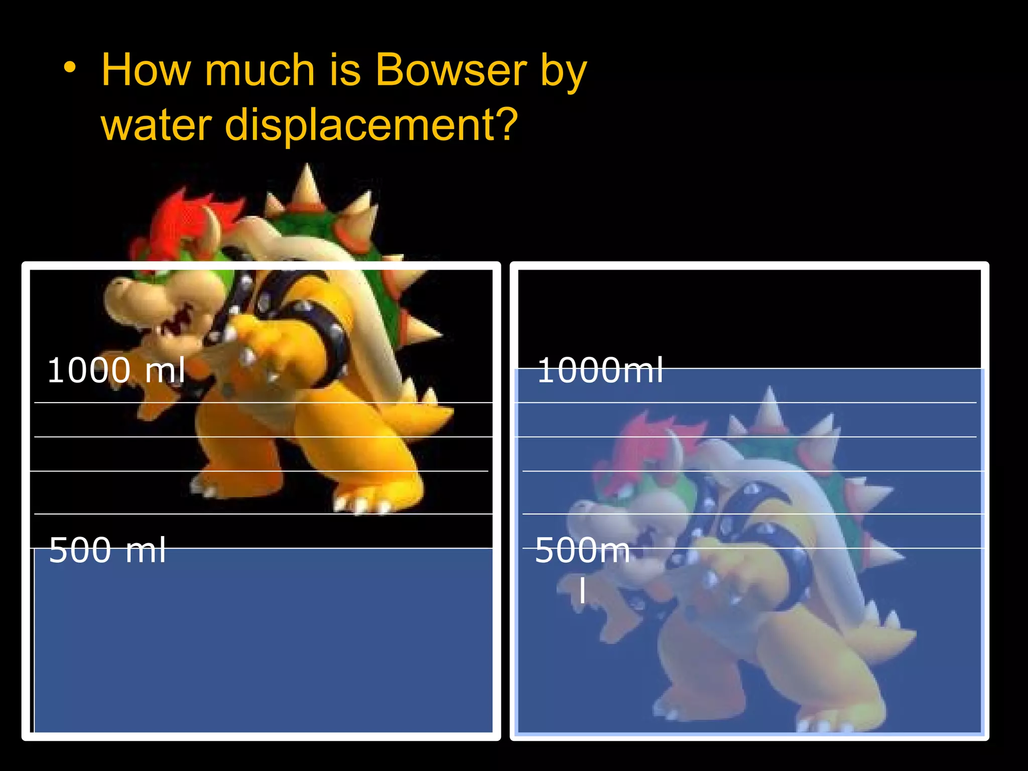 • How much is Bowser by
water displacement?
1000 ml 1000ml
500 ml 500m
l
 