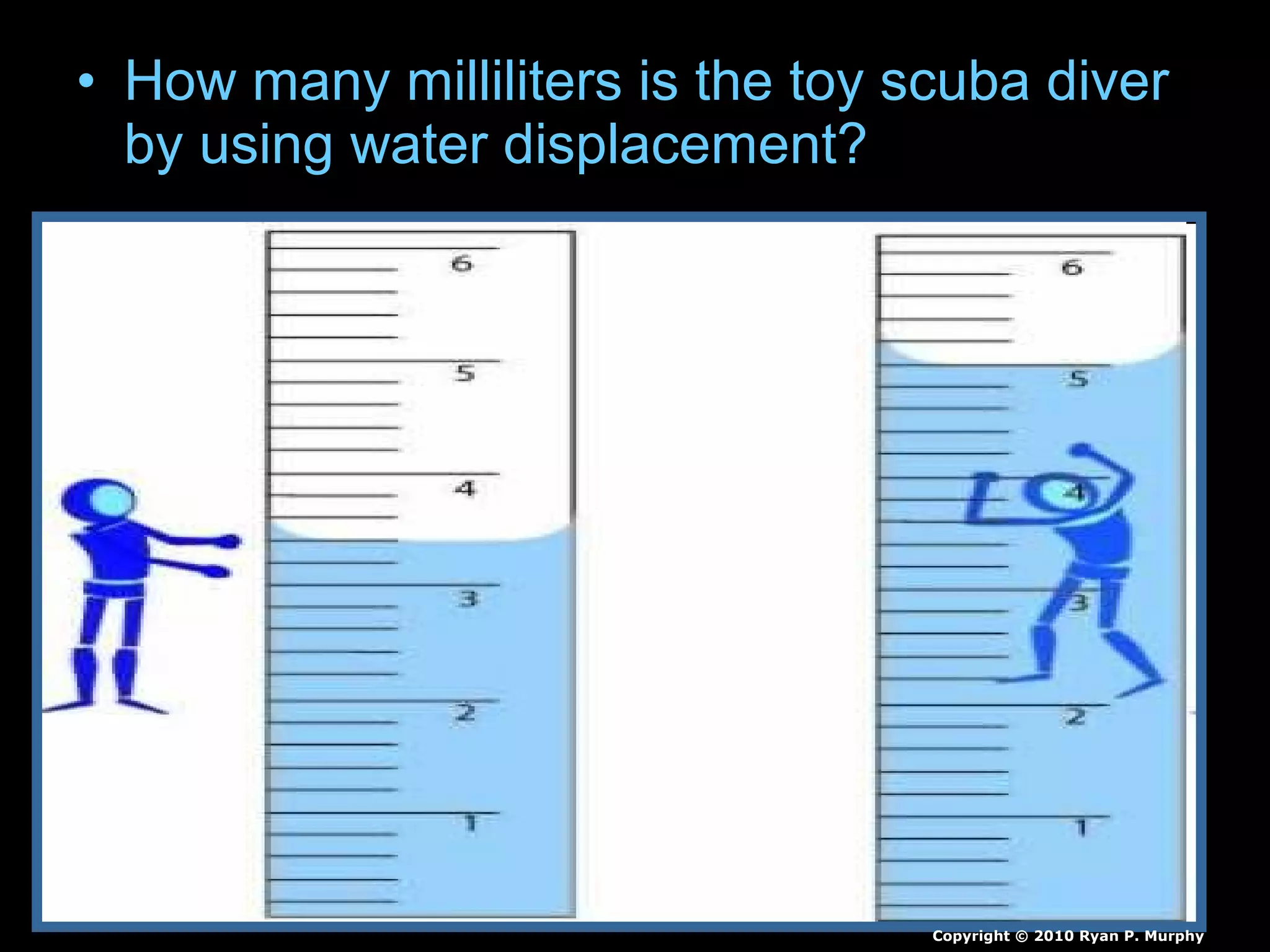 • How many milliliters is the toy scuba diver
by using water displacement?
Copyright © 2010 Ryan P. Murphy
 
