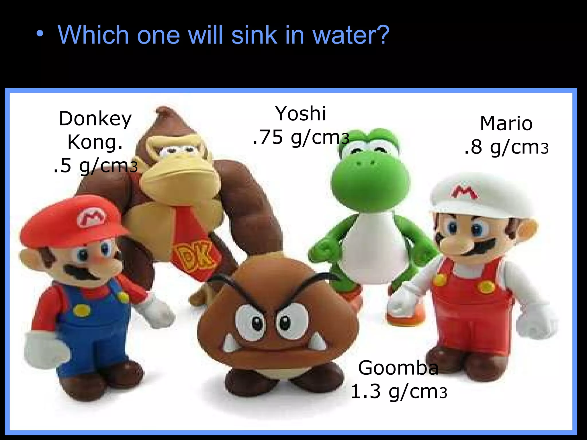 • Which one will sink in water?
Donkey
Kong.
.5 g/cm3
Yoshi
.75 g/cm3
Mario
.8 g/cm3
Goomba
1.3 g/cm3
 