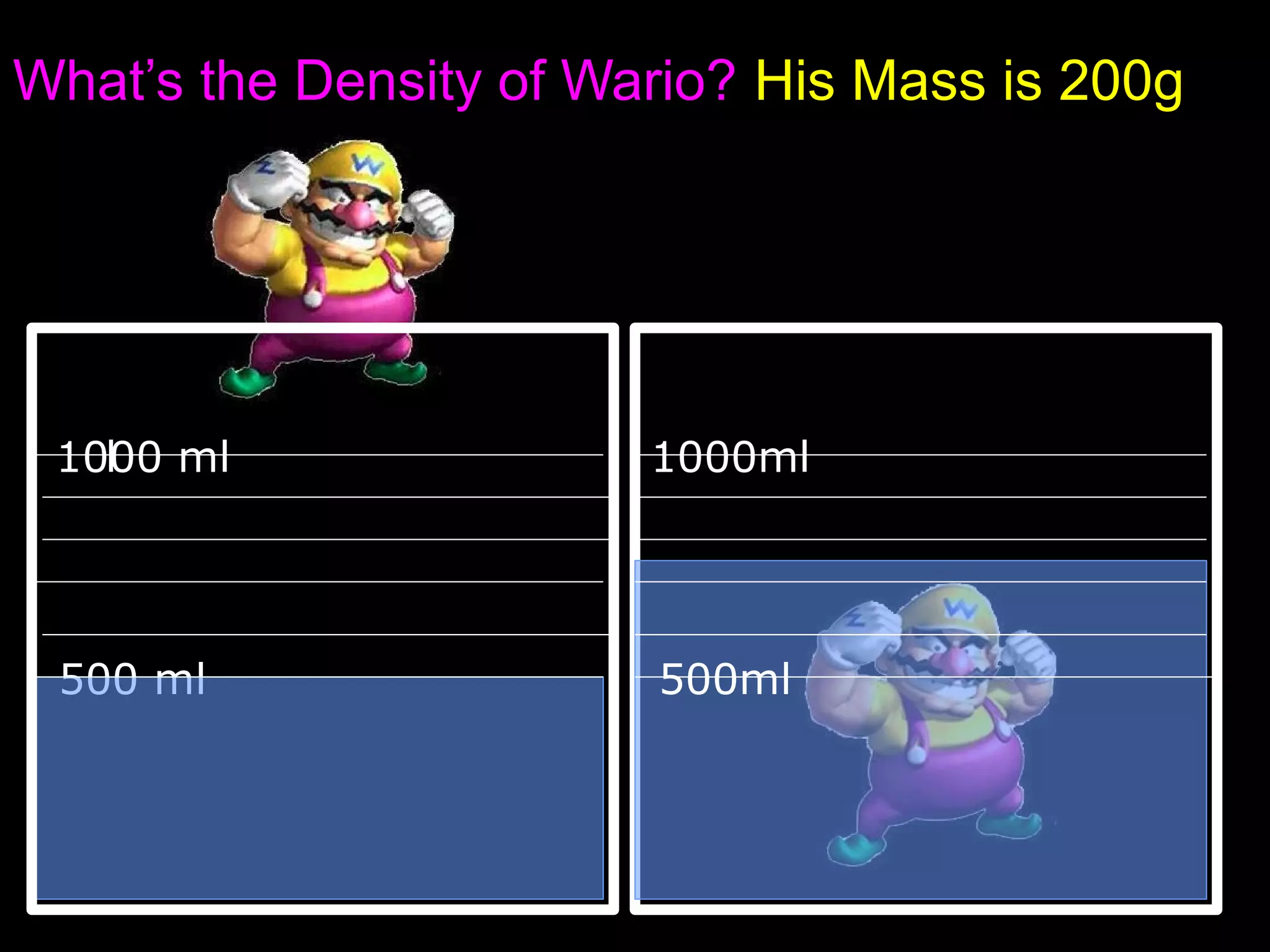 What’s the Density of Wario? His Mass is 200g
1000 ml
500 ml
1000ml
500ml
l
 
