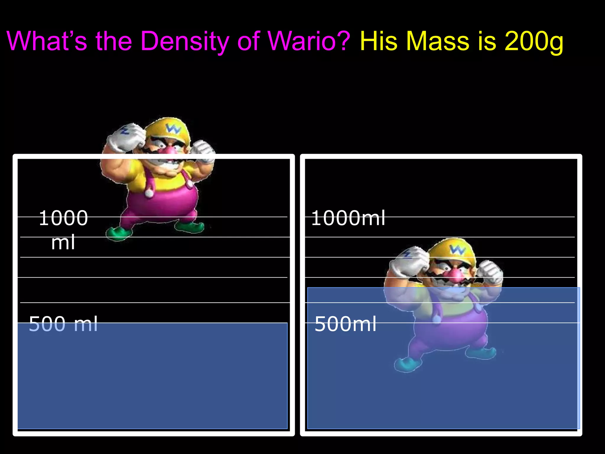 What’s the Density of Wario? His Mass is 200g
1000 ml
500 ml
1000ml
500ml
1000
ml
 