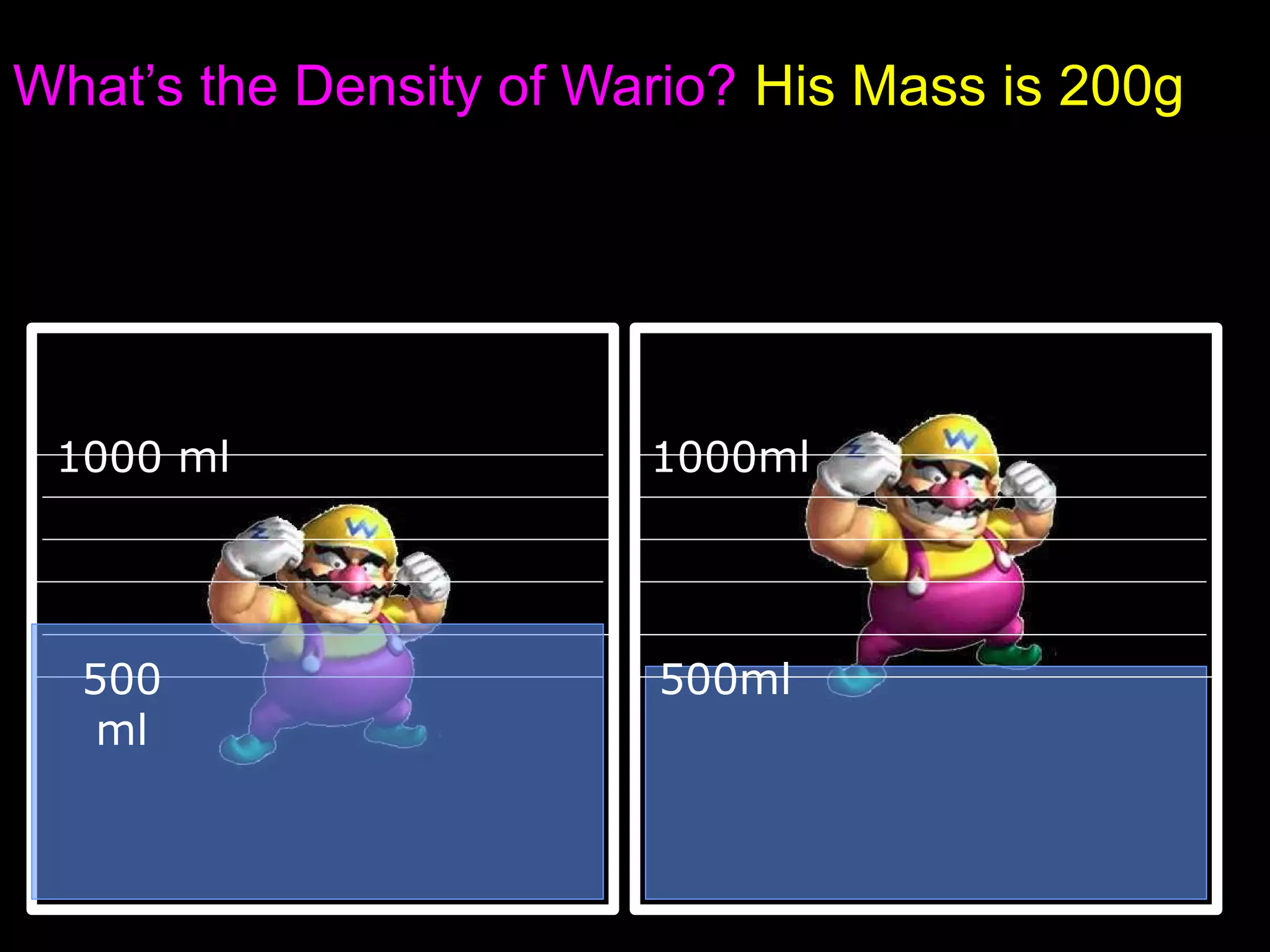 What’s the Density of Wario? His Mass is 200g
1000 ml 1000ml
500ml500
ml
 