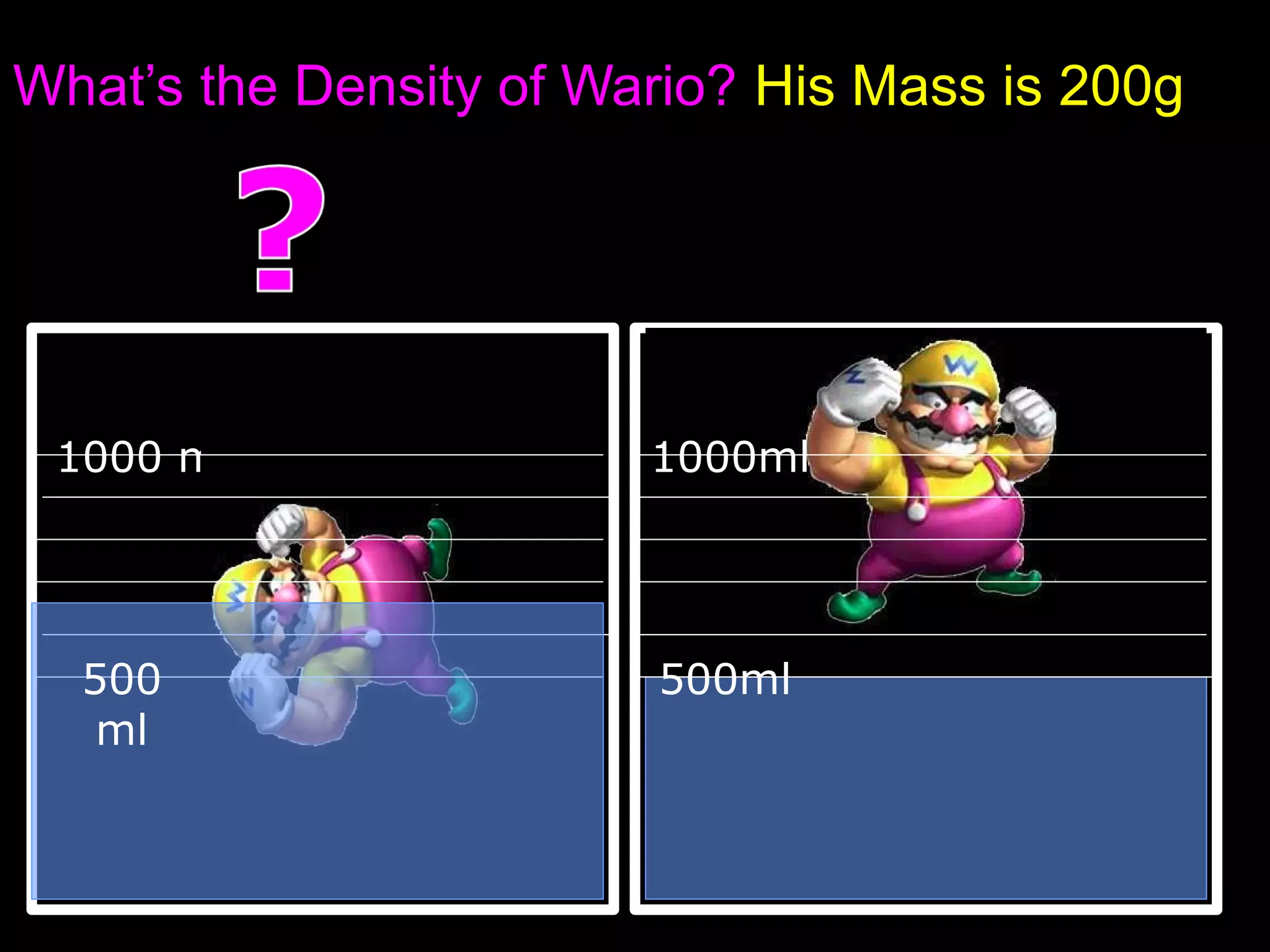 What’s the Density of Wario? His Mass is 200g
1000 ml 1000ml
500ml500
ml
 