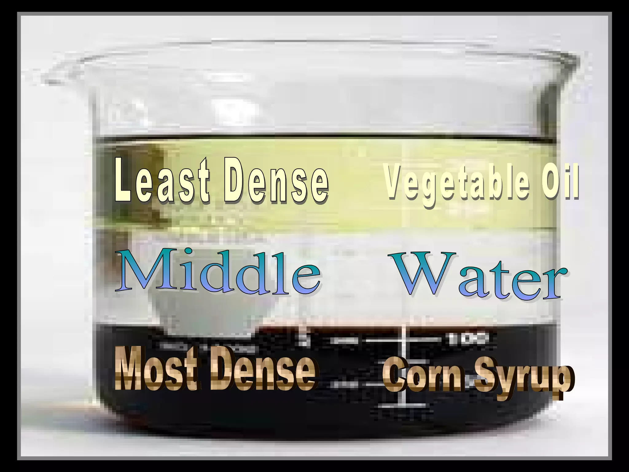 • Layering liquids with different densities.
• Use a clear container and add the following
in this order….
– Corn Syrup
– Water (food Coloring)
– Vegetable Oil
 