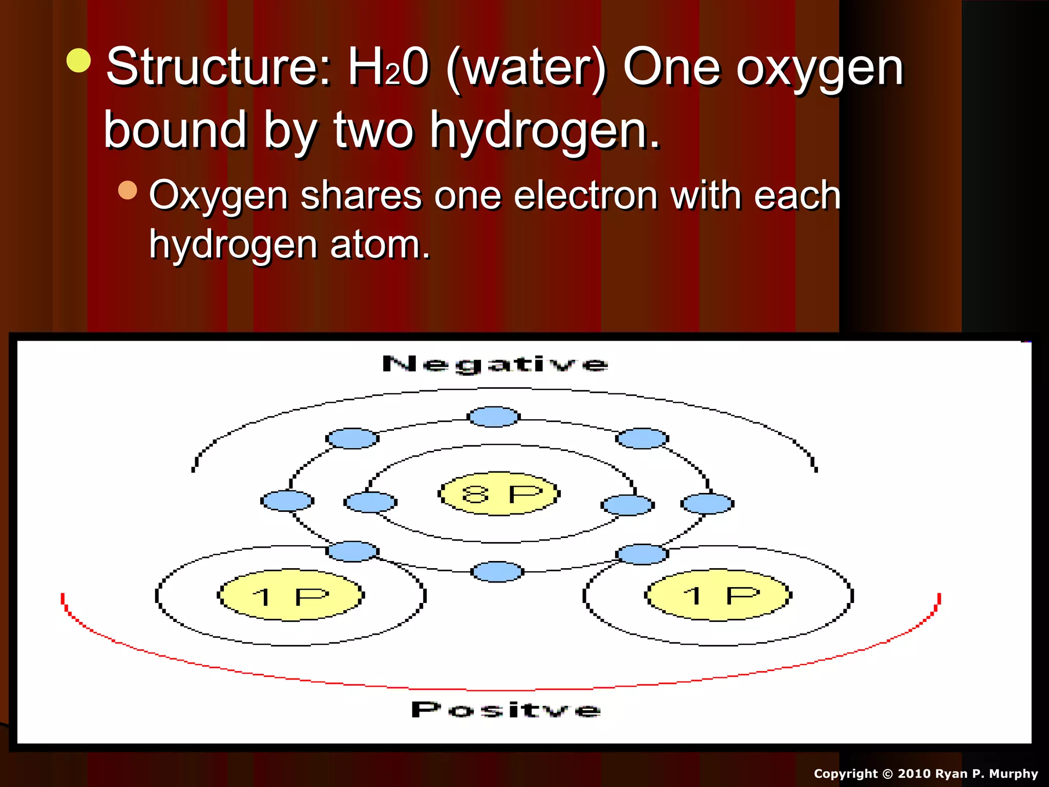 Structure: HStructure: H220 (water) One oxygen0 (water) One oxygen
bound by two hydrogen.bound by two hydrogen.
Oxygen shares one electron with eachOxygen shares one electron with each
hydrogen atom.hydrogen atom.
Copyright © 2010 Ryan P. Murphy
Oxygen
HH Hydrogen
 