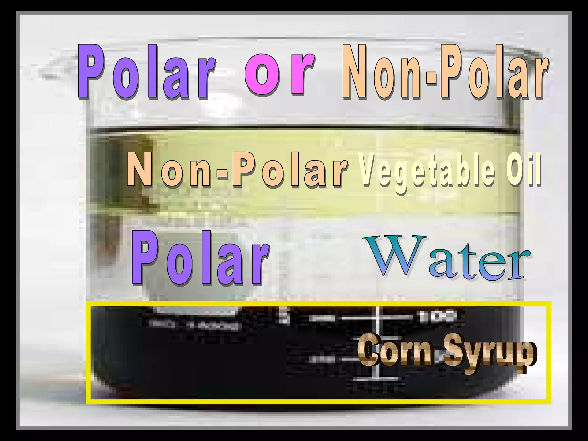• Layering liquids with different densities.
• Use a clear container and add the following
in this order….
– Corn Syrup
– Water (food Coloring)
– Vegetable Oil
 