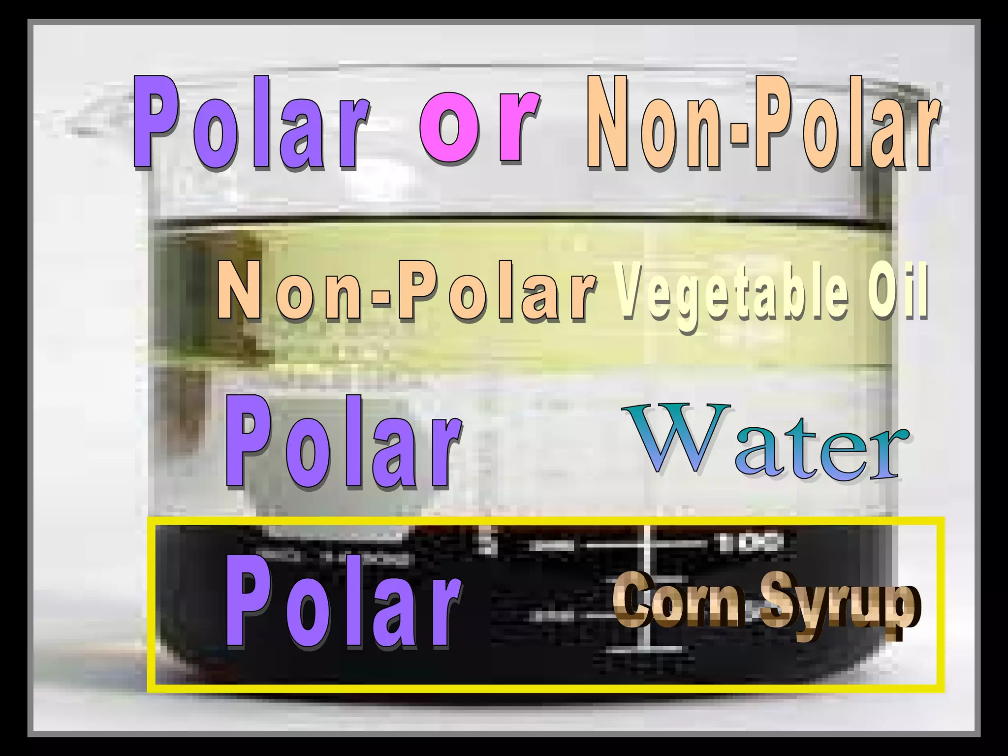 • Layering liquids with different densities.
• Use a clear container and add the following
in this order….
– Corn Syrup
– Water (food Coloring)
– Vegetable Oil
 