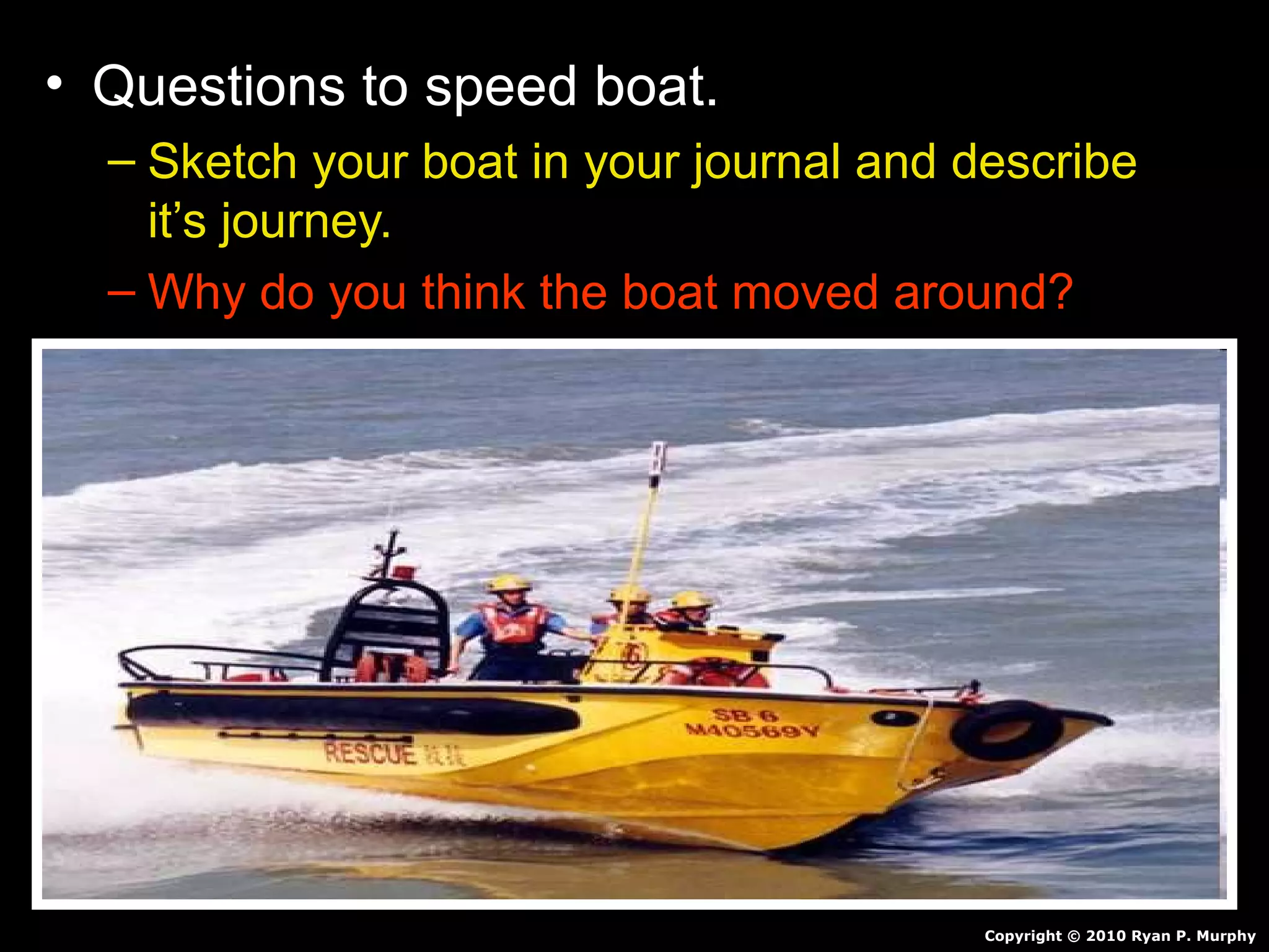 • Questions to speed boat.
– Sketch your boat in your journal and describe
it’s journey.
– Why do you think the boat moved around?
Copyright © 2010 Ryan P. Murphy
 
