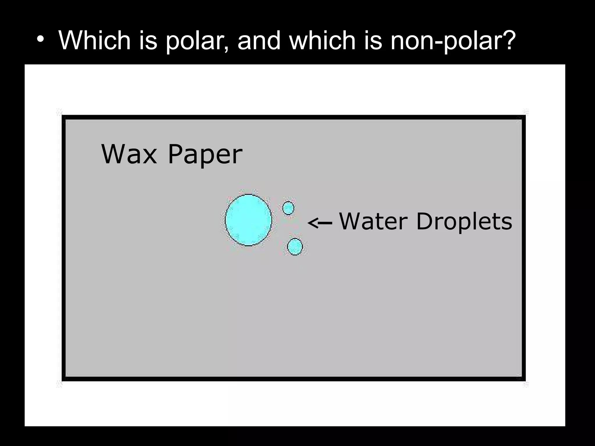 • Which is polar, and which is non-polar?
Wax Paper
Water Droplets
 