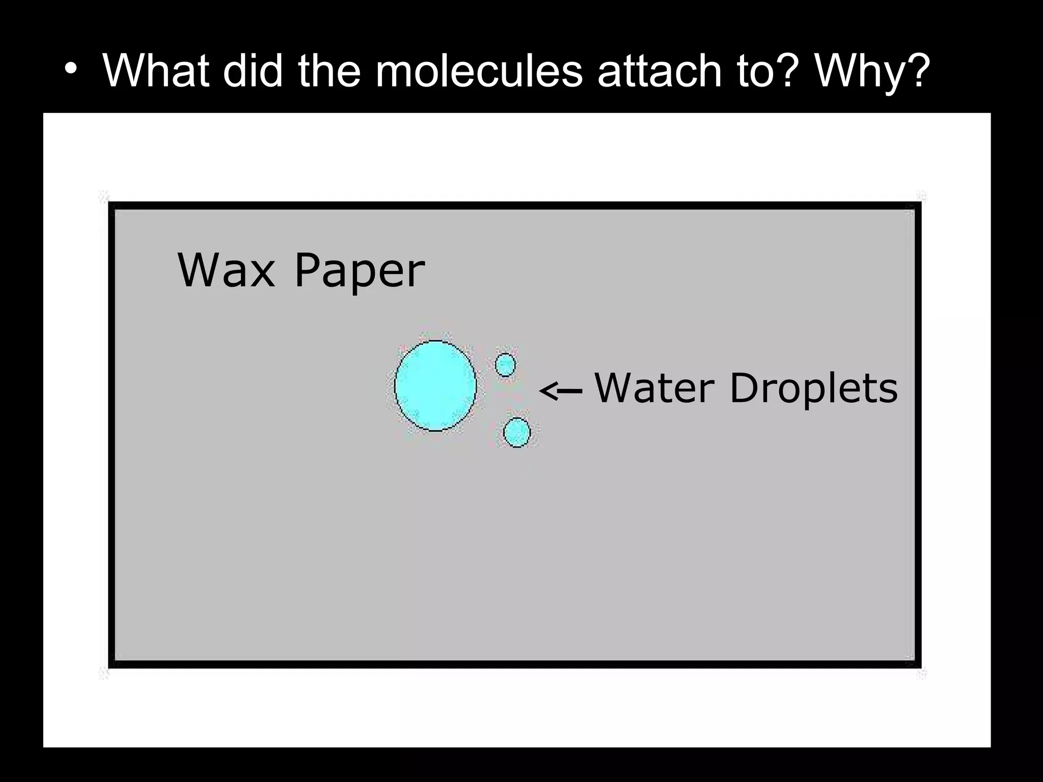 • What did the molecules attach to? Why?
Wax Paper
Water Droplets
 